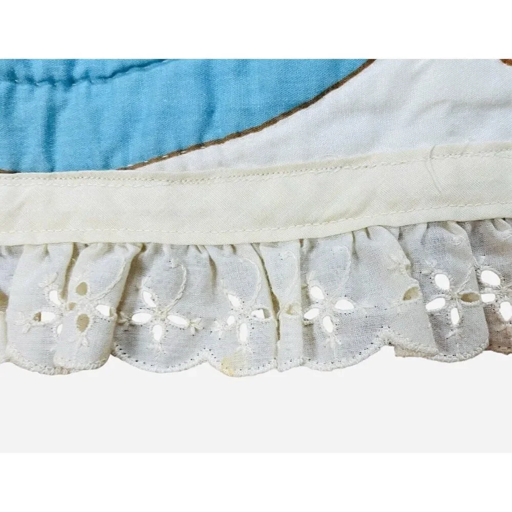 Vintage Quilted Teddy Bear Lace Trim Blanket 48 x 37 Nursery Baby Cute Kawaii